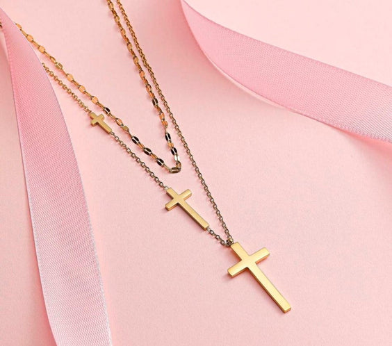 Layered Cross Necklace for Women - Gold Titanium Steel Gift Jewelry