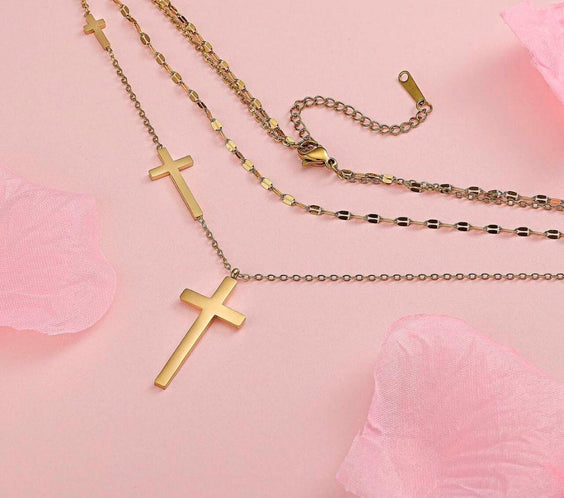 Layered Cross Necklace for Women - Gold Titanium Steel Gift Jewelry
